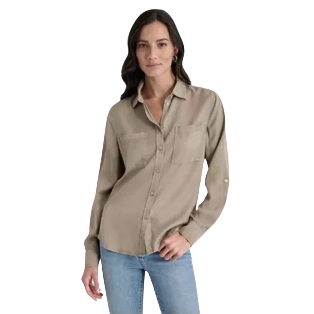 Cloth & Stone Olive Button-Up Shirt with Tab Sleeves